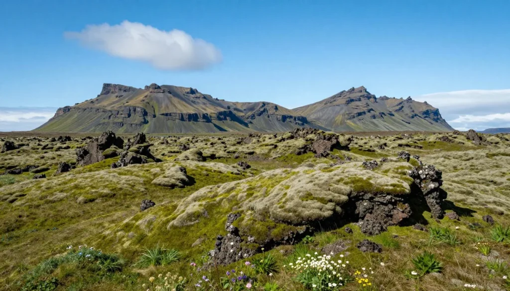 Scenic view of Snaefellsnes Peninsula showing green moss-covered lava fields with mountains in the distance on a clear sunny day