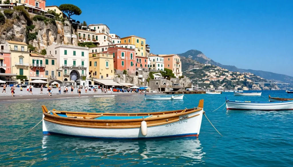 Scenic view of Sorrento's marina with traditional wooden boats and colorful buildings