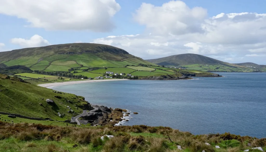 Scenic view of Tralee Bay with green hills and coastal landscape in Kerry County Scenic view of Tralee Bay with green hills and coastal landscape in Kerry County