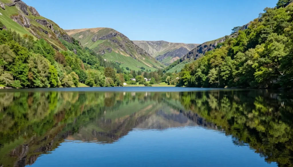 Scenic view of Upper Lake Glendalough surrounded by mountains and forests with reflection in calm water