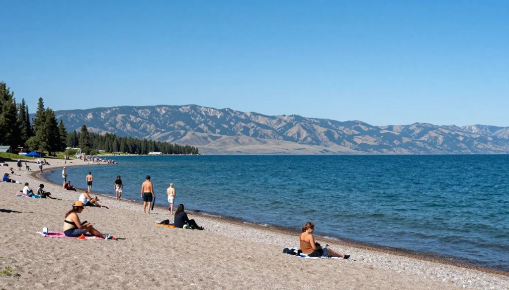 Scenic view of Utah Lake with mountains in background from recreation area
