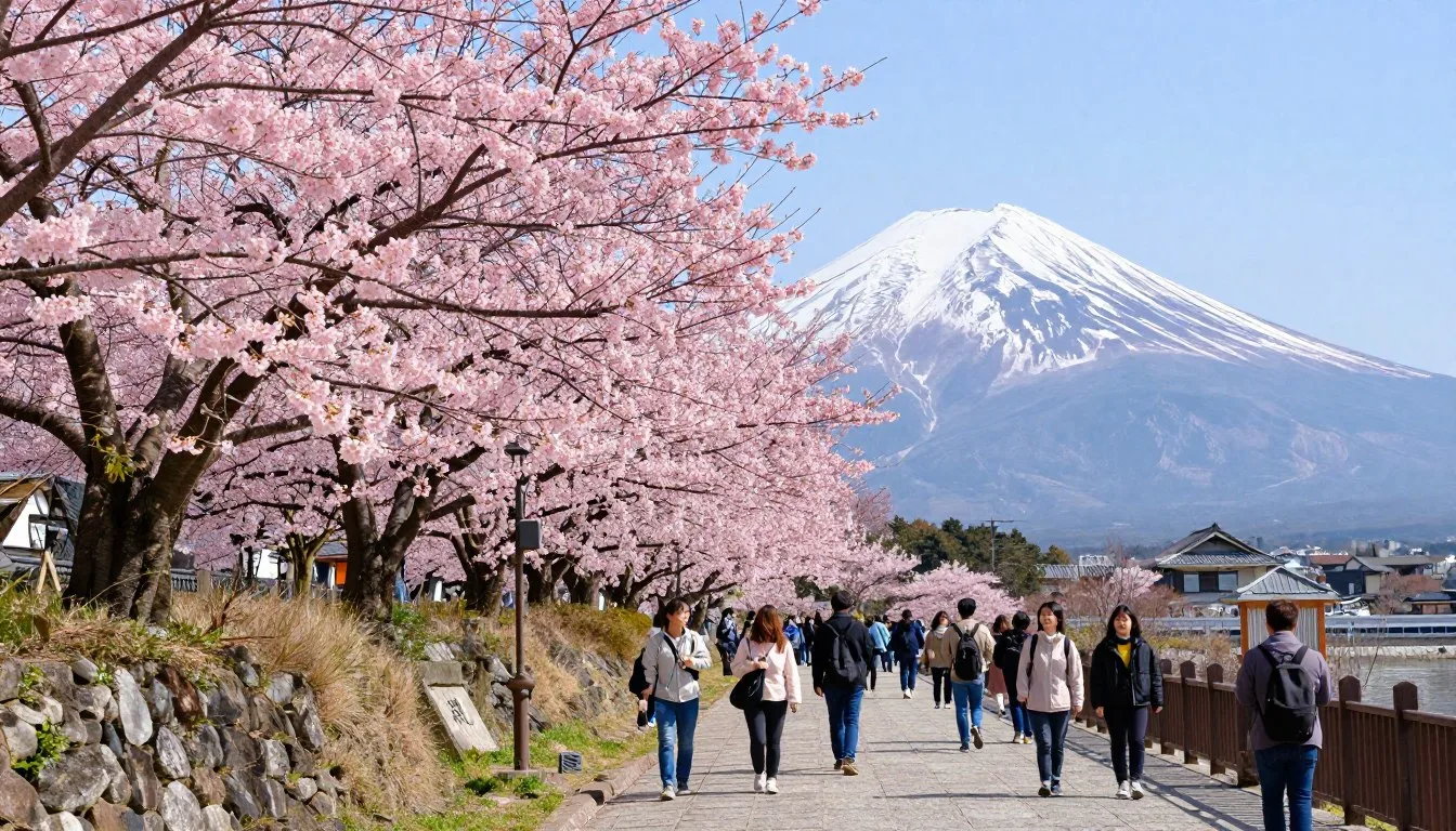 Scenic view of cherry blossoms blooming along a traditional Japanese path in Fukushima Prefecture during spring with Mount Bandai in background
