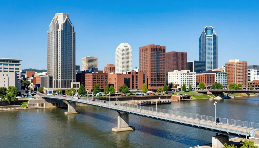Scenic view of downtown Chattanooga skyline with Tennessee River and walking bridge Scenic view of downtown Chattanooga skyline with Tennessee River and walking bridge