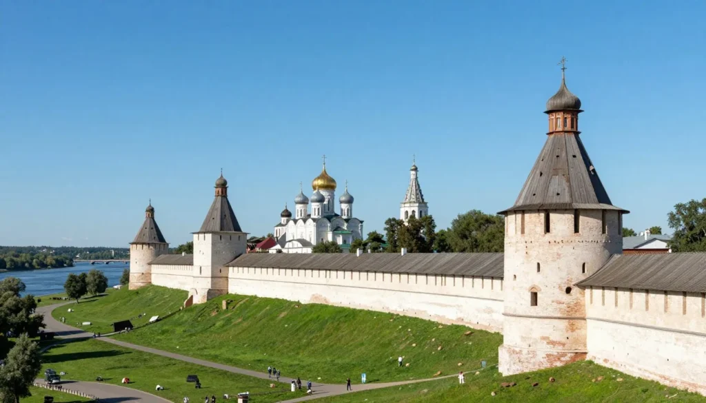 Scenic view of the ancient fortress and churches in Novgorod surrounded by green landscape Scenic view of the ancient fortress and churches in Novgorod surrounded by green landscape