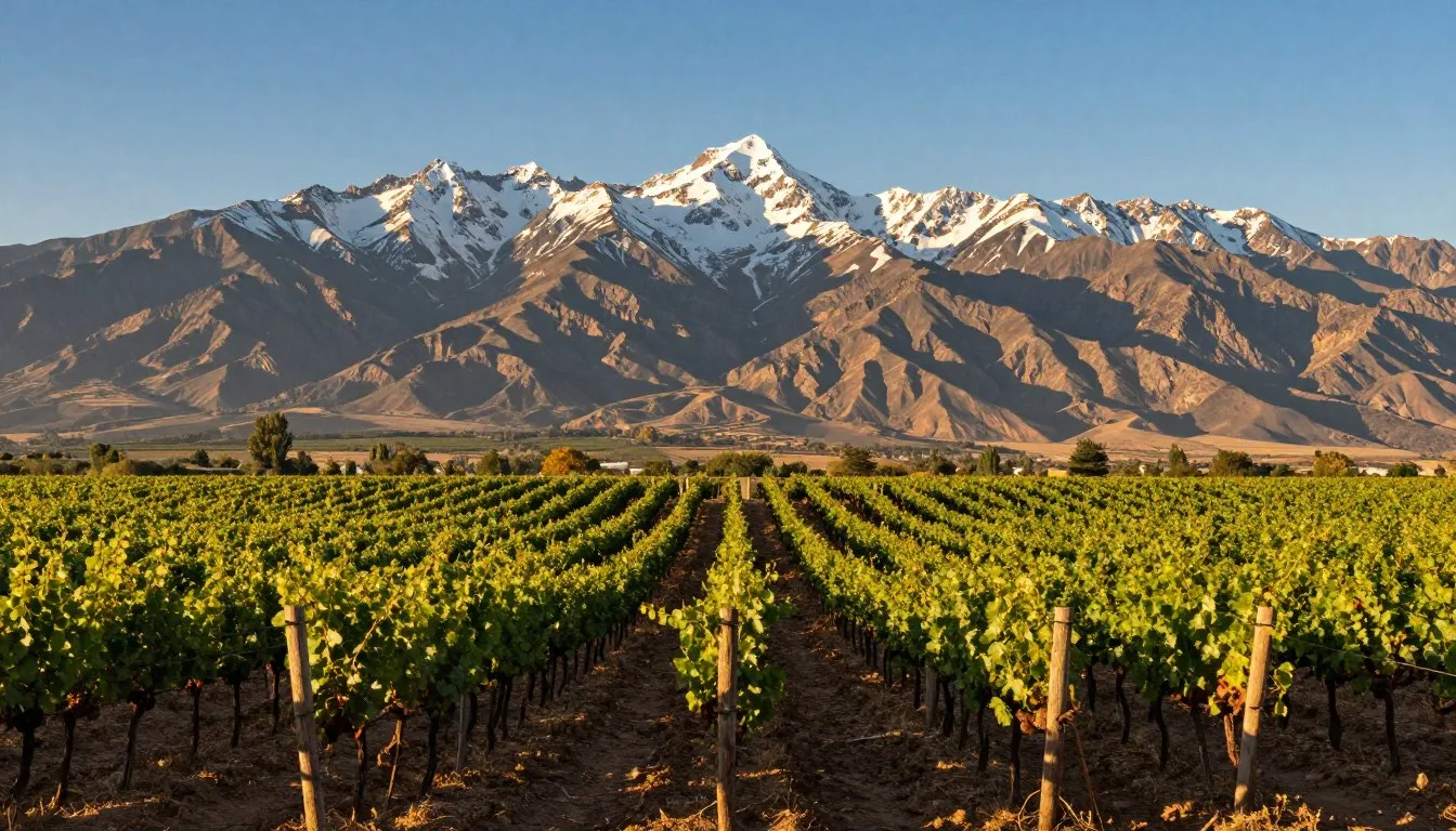 Scenic vineyards in Mendoza Province with Andes Mountains backdrop during golden hour