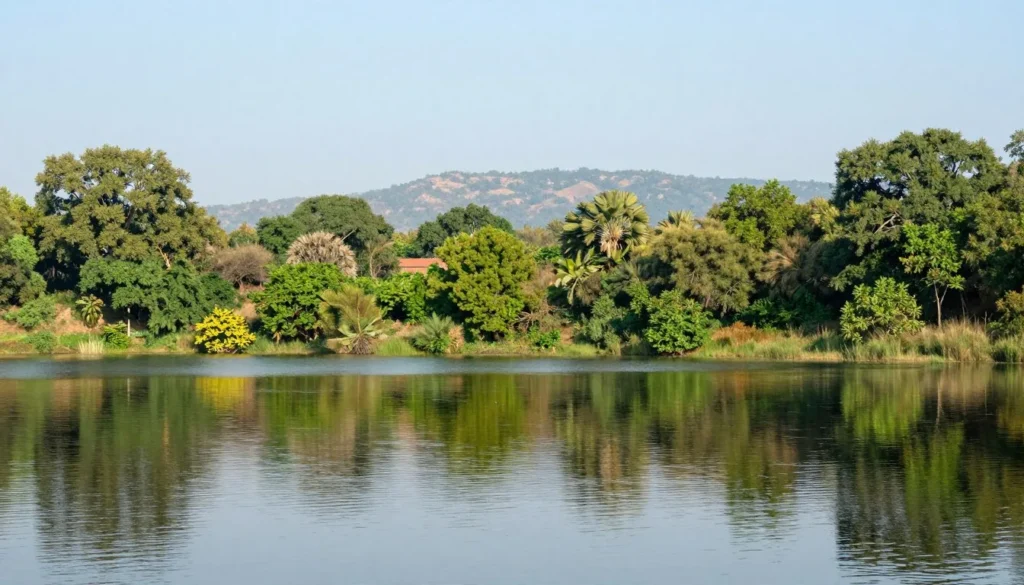 Scenic water body in Ranthambore National Park with diverse wildlife habitat