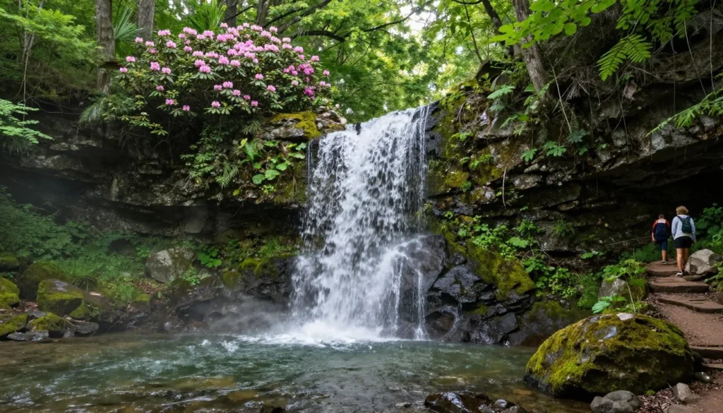 Scenic waterfall cascading over rocks in Cherokee National Forest with hiking trail visible Scenic waterfall cascading over rocks in Cherokee National Forest with hiking trail visible