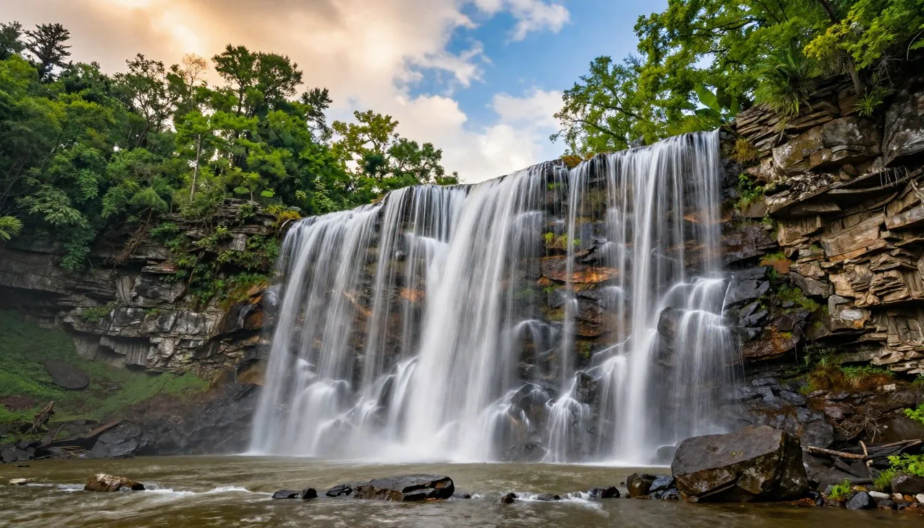 Scenic-waterfall-cascading-over-rocky-cliffs-at-Gar-Island-Tennessee-surrounded-by-lush-green Scenic waterfall cascading over rocky cliffs at Gar Island Tennessee surrounded by lush green forest