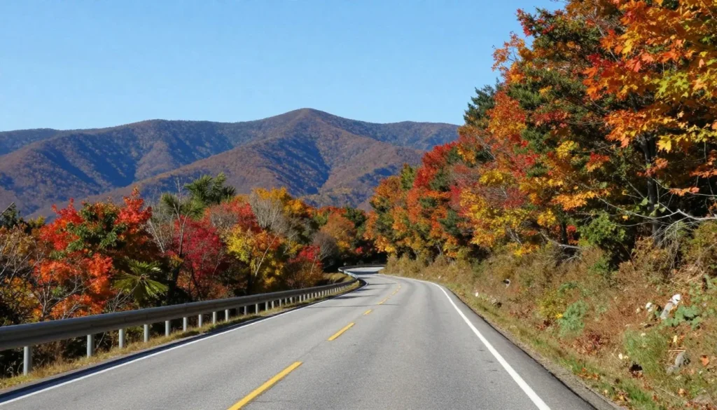 Scenic winding road through Blue Ridge Mountains with autumn foliage and mountain views leading to Flat Rock area Scenic winding road through Blue Ridge Mountains with autumn foliage and mountain views leading to Flat Rock area