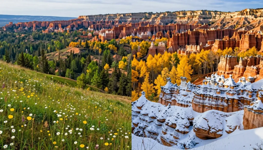Seasonal contrast showing Paunsaugunt Plateau landscape across different times of year Seasonal contrast showing Paunsaugunt Plateau landscape across different times of year