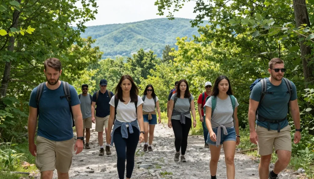 Seasonal landscape showing diverse visitors enjoying Goat Island Tennessee trails Seasonal landscape showing diverse visitors enjoying Goat Island Tennessee trails