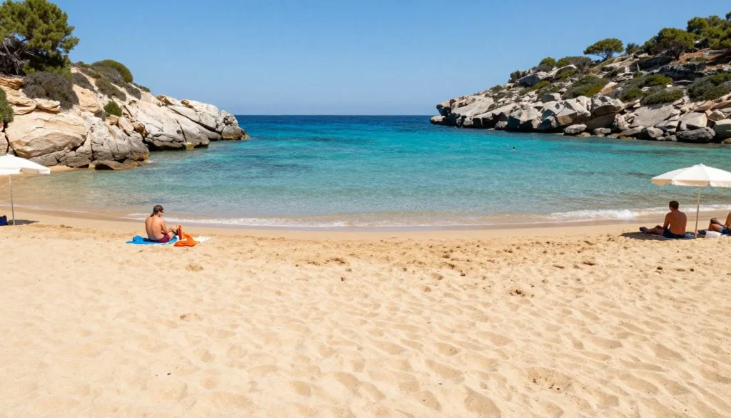 Secluded sandy beach with clear turquoise water and Mediterranean coastal vegetation