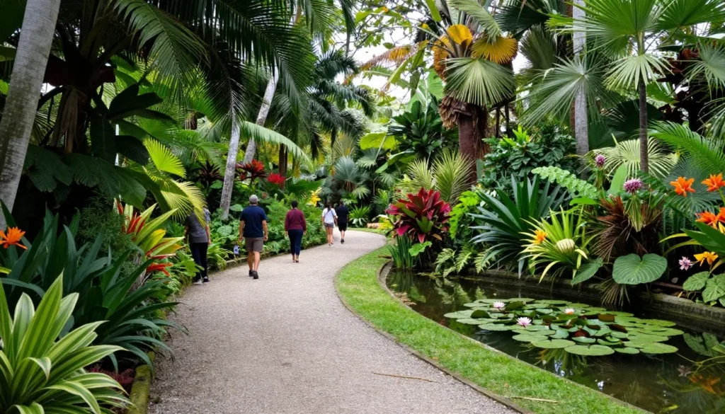 Serene botanical garden with exotic plants and water features