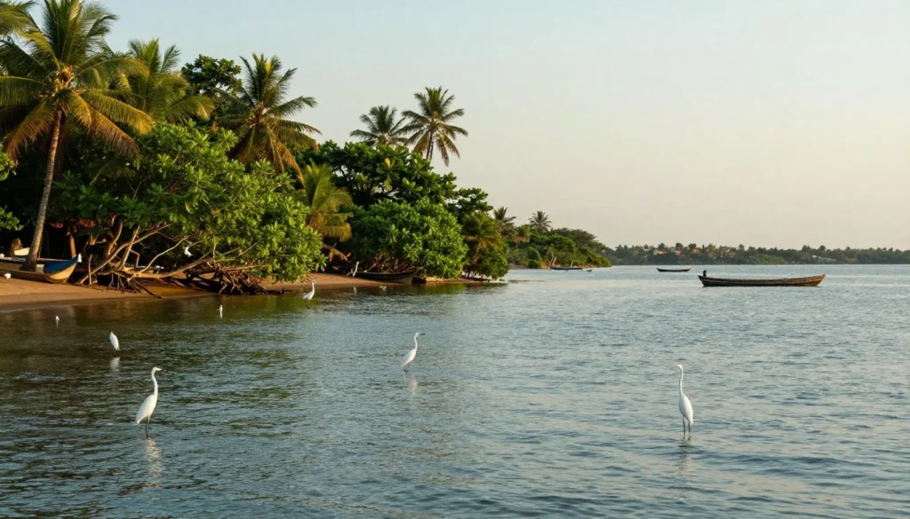 Serene lagoon landscape near Porto-Novo with lush vegetation and water birds