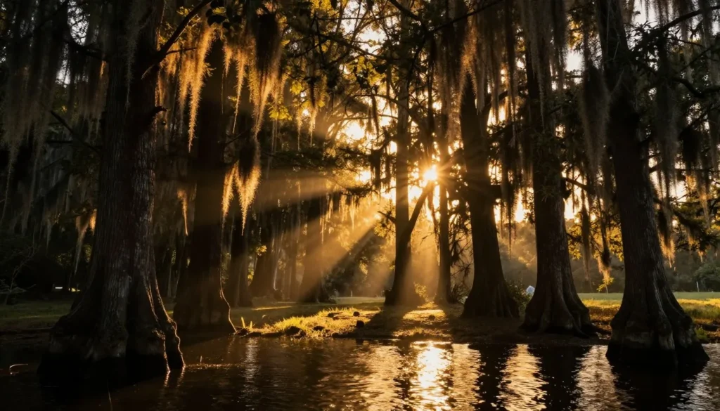 Serene sunset view through ancient cypress trees at Bushy Lake State Natural Area with golden light filtering through Spanish moss Serene sunset view through ancient cypress trees at Bushy Lake State Natural Area with golden light filtering through Spanish moss
