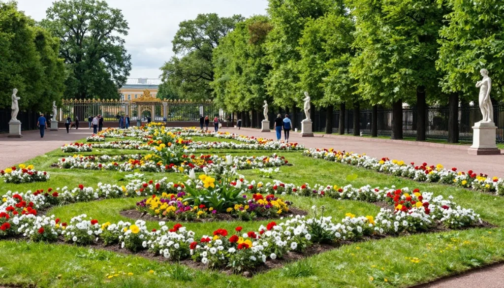 Serene view of the Summer Garden in Saint Petersburg showing tree-lined pathways, classical marble statues, and manicured flower beds Serene view of the Summer Garden in Saint Petersburg showing tree-lined pathways, classical marble statues, and manicured flower beds