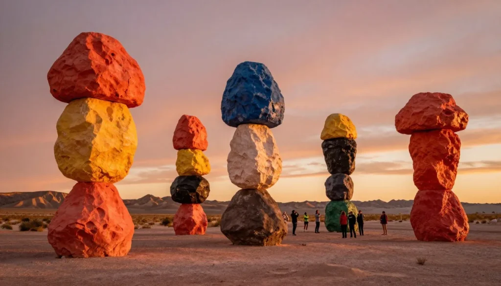 Seven Magic Mountains during golden hour with warm sunset lighting Seven Magic Mountains during golden hour with warm sunset lighting