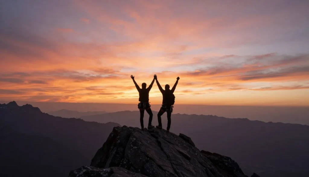 Silhouette of climbers on Sunlight Peak summit at sunrise Silhouette of climbers on Sunlight Peak summit at sunrise