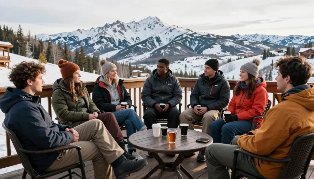 Skiers enjoying après-ski at Ruby Mountains lodge with mountain views Skiers enjoying après-ski at Ruby Mountains lodge with mountain views