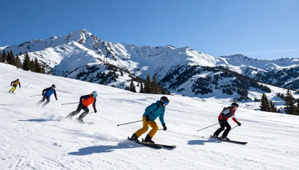 Skiers enjoying powder snow on Park City Mountain slopes Skiers enjoying powder snow on Park City Mountain slopes