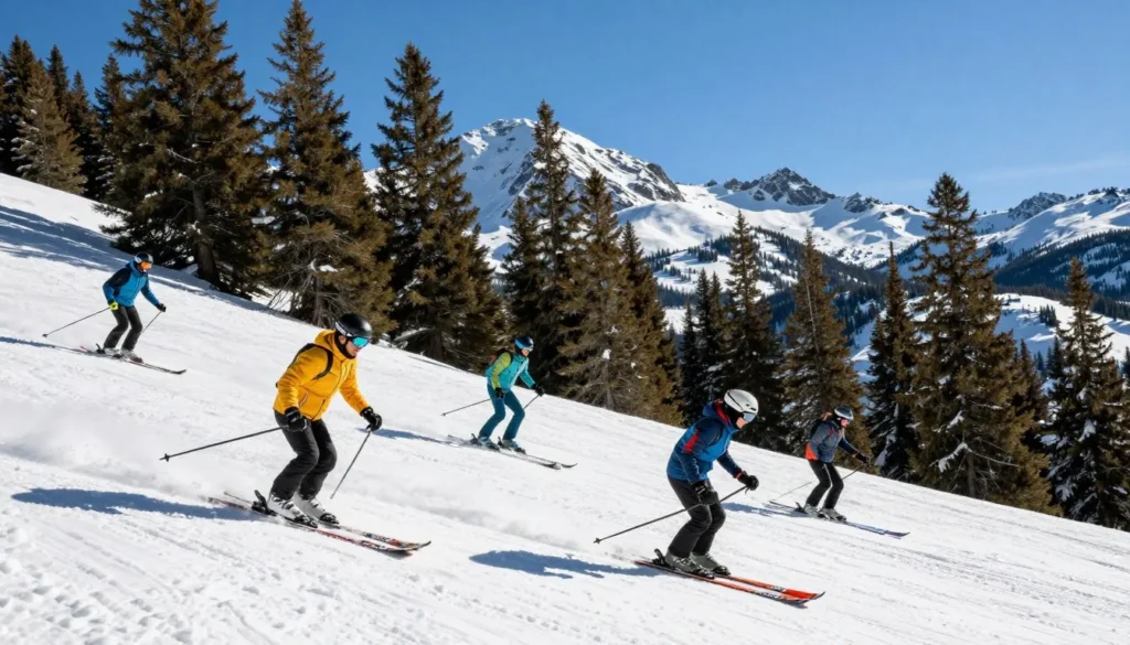 Skiers on Vail mountain slopes with powder snow Skiers on Vail mountain slopes with powder snow