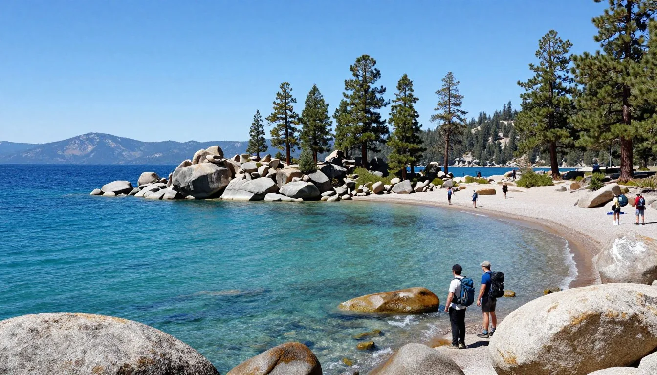 Skunk Harbor Islet Lake Tahoe pristine turquoise waters with rocky shoreline and pine forest