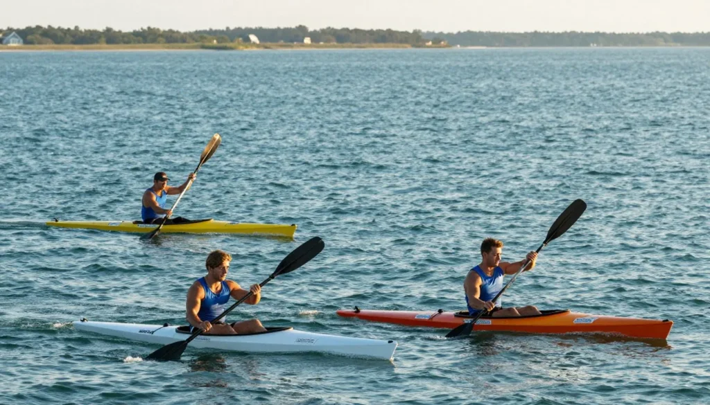 Small group kayaking in calm waters near Cape Lookout with mainland visible Small group kayaking in calm waters near Cape Lookout with mainland visible