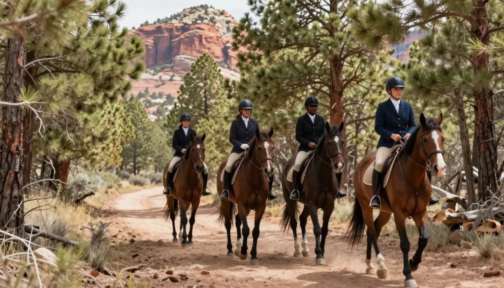 Small group trail riding through pine forest with guide Small group trail riding through pine forest with guide