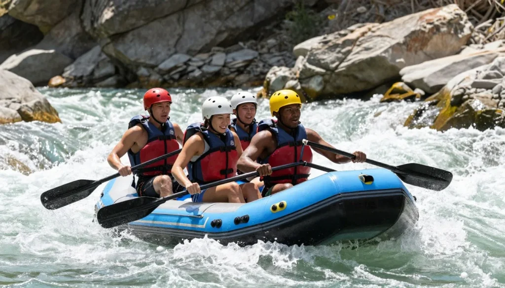 Small raft with diverse paddlers navigating Colorado River rapids near Glenwood Springs