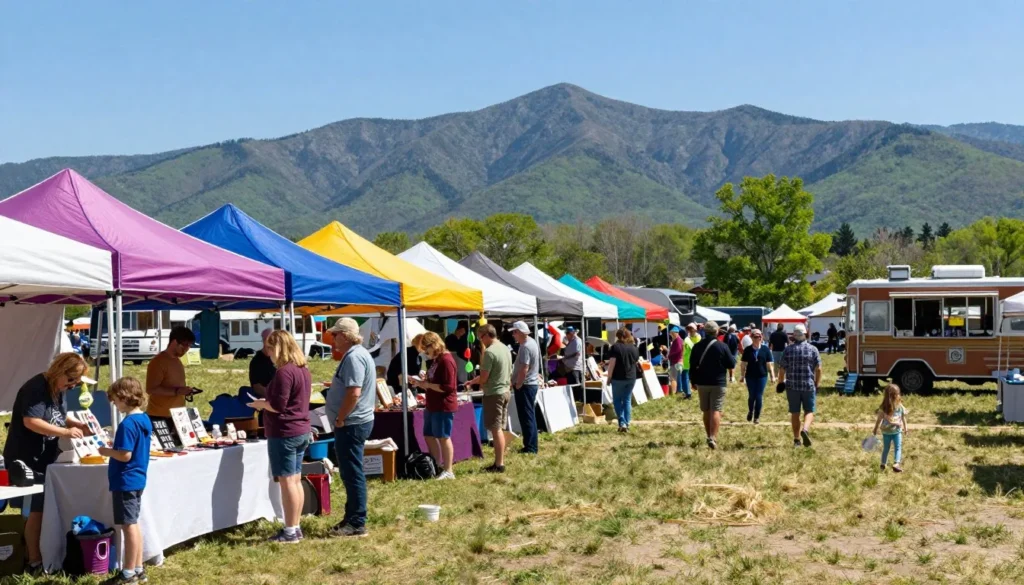 Smoky Mountain outdoor festival with craft vendors and mountain backdrop Smoky Mountain outdoor festival with craft vendors and mountain backdrop