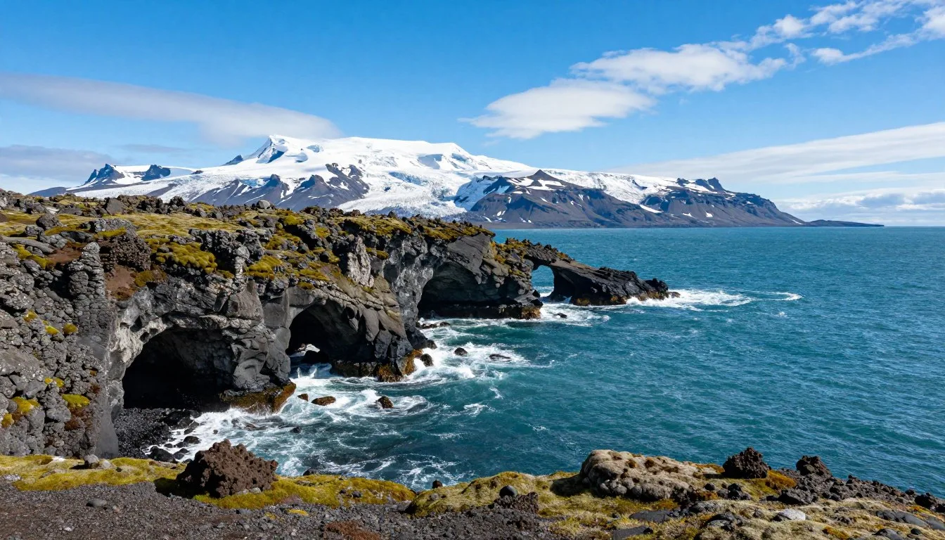 Snaefellsnes Peninsula coastal landscape with Snaefellsjokull glacier volcano in background and dramatic cliffs meeting the Atlantic Ocean under blue sky