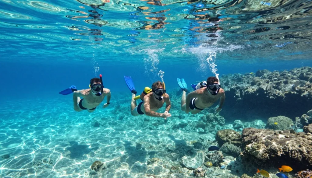 Snorkelers in clear turquoise Mediterranean water near rocky coast