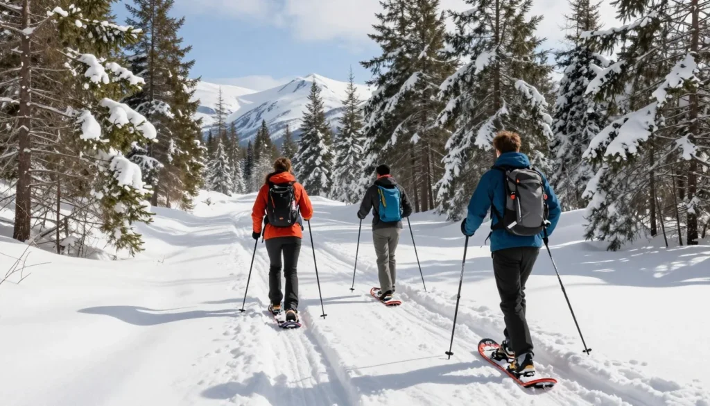 Snowshoers exploring pristine winter forest trails near Nordic Valley