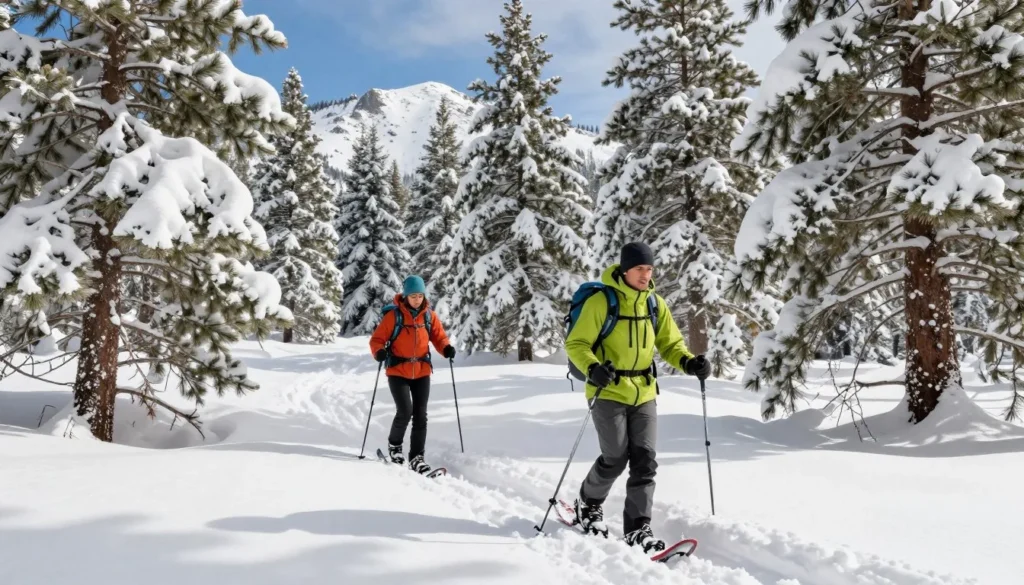 Snowshoers in winter mountain landscape