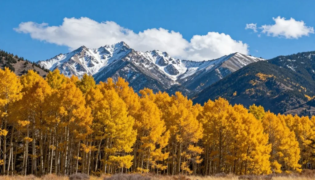 Snowstorm Mountains in autumn with golden aspen trees