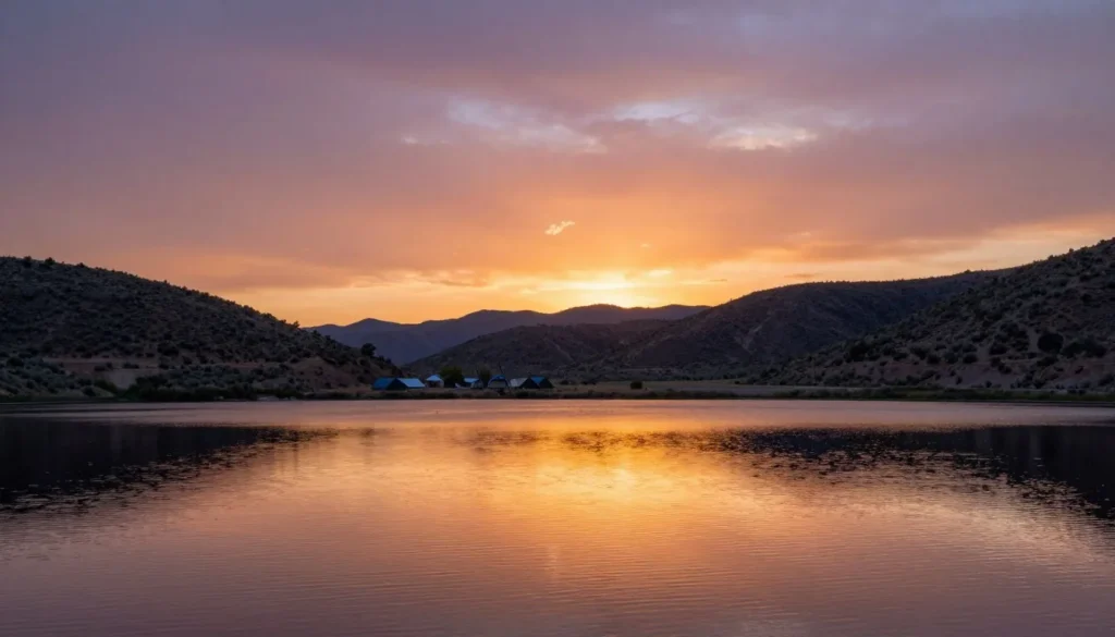 South Fork Nevada sunset over reservoir with camping area South Fork Nevada sunset over reservoir with camping area