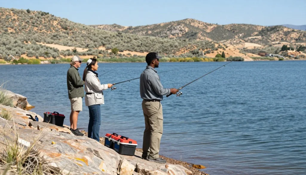 South Fork Reservoir Nevada with anglers fishing from shore South Fork Reservoir Nevada with anglers fishing from shore