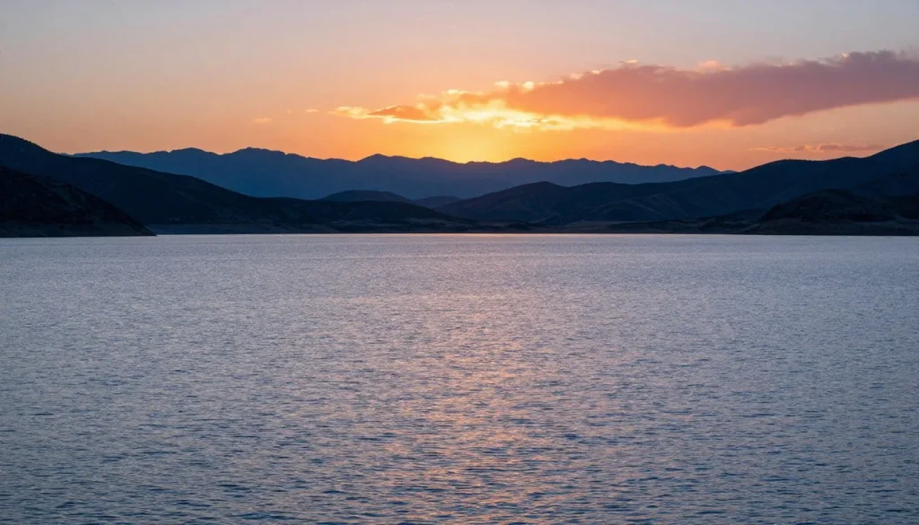 South Fork Reservoir during golden hour with calm waters reflecting sunset colors