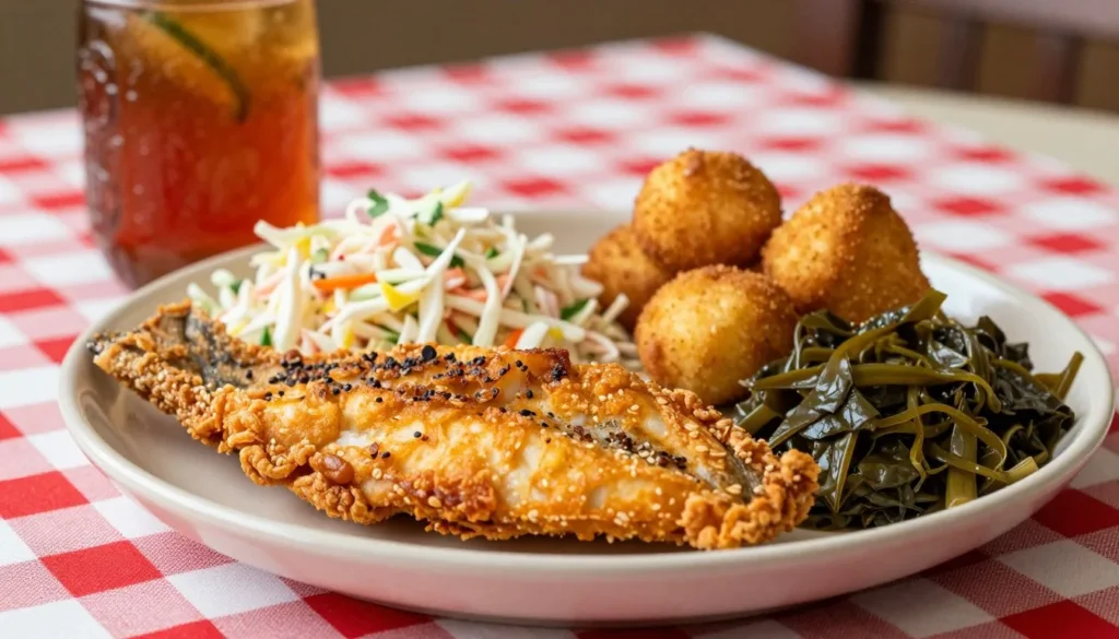 Southern comfort food meal with fried catfish and sides Southern comfort food meal with fried catfish and sides