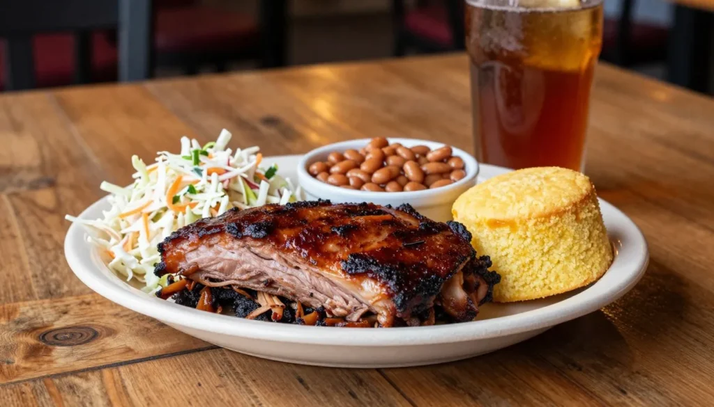 Southern comfort food plate with barbecue and sides Southern comfort food plate with barbecue and sides