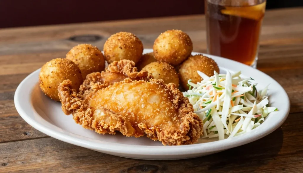 Southern comfort food plate with fried catfish and regional sides at Tennessee restaurant Southern comfort food plate with fried catfish and regional sides at Tennessee restaurant