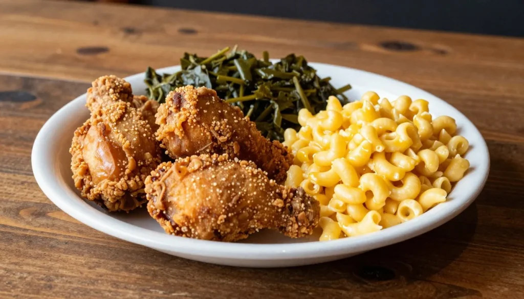 Southern comfort food plate with fried chicken and regional specialties Southern comfort food plate with fried chicken and regional specialties