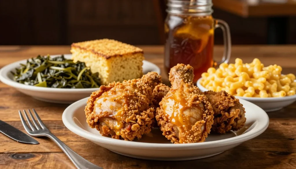 Southern comfort food plate with fried chicken and vegetables at mountain restaurant Southern comfort food plate with fried chicken and vegetables at mountain restaurant
