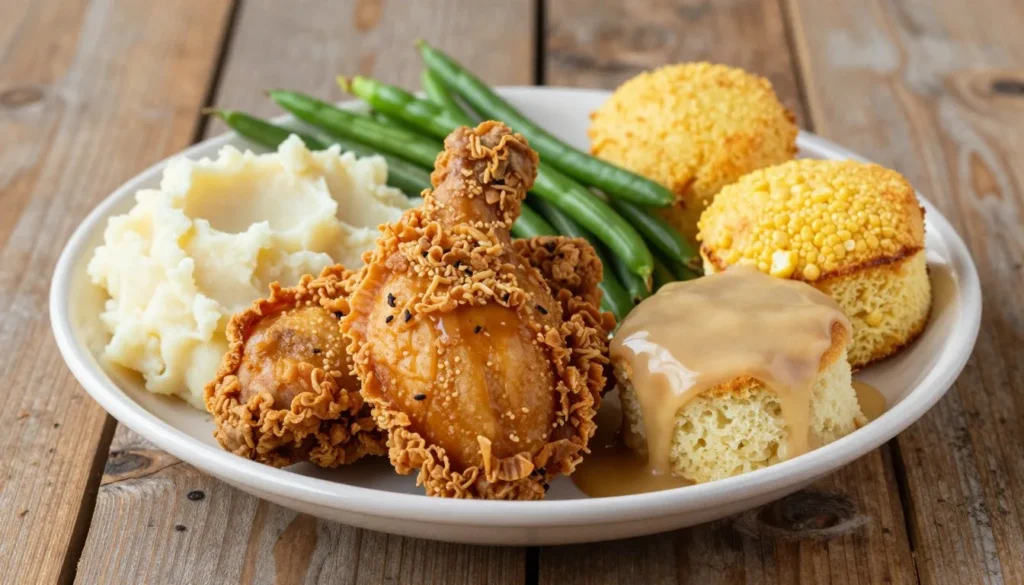 Southern comfort food spread with fried chicken and traditional sides Southern comfort food spread with fried chicken and traditional sides