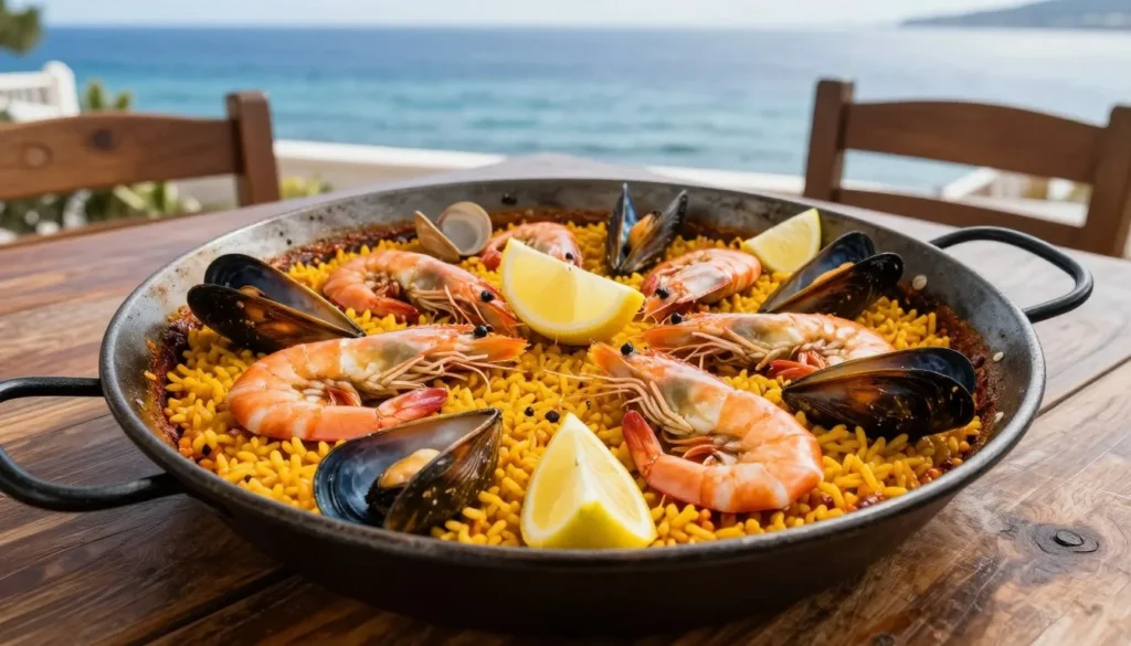 Spanish seafood paella Mediterranean cuisine Peniscola restaurants