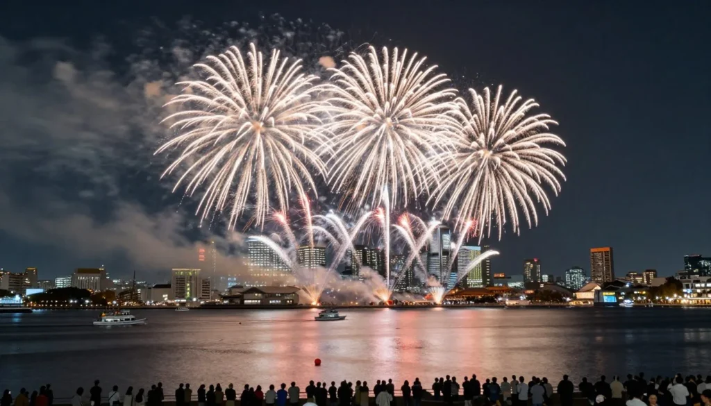 Spectacular fireworks display over Yokohama Bay at night