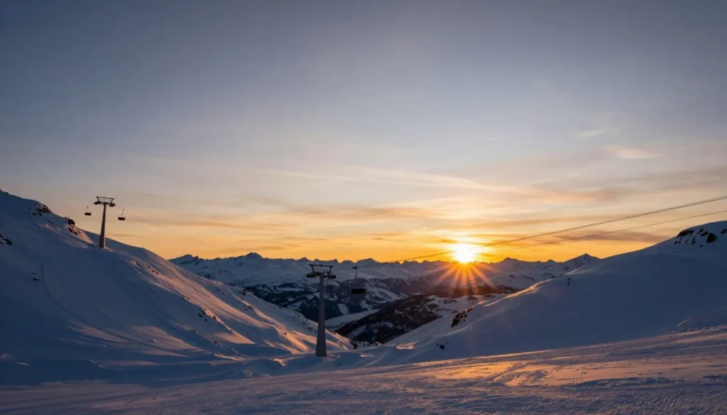 Spectacular sunset view over Nordic Valley ski slopes with golden light on snow