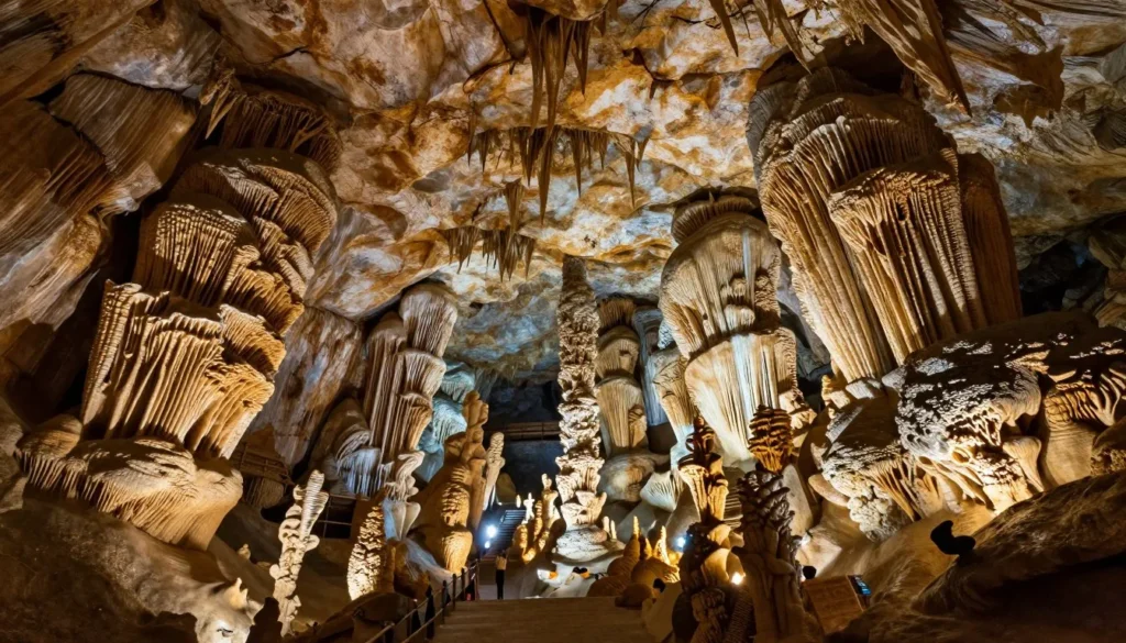 Spectacular view of illuminated cave chamber showing the grandeur of Cumberland Caverns Spectacular view of illuminated cave chamber showing the grandeur of Cumberland Caverns