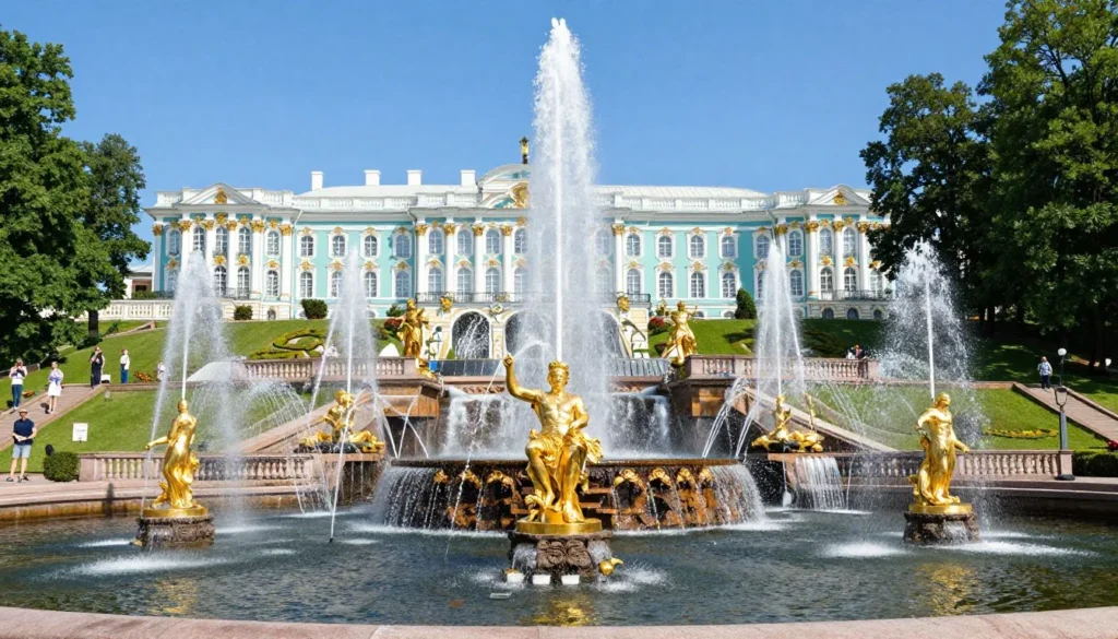 Spectacular view of the Peterhof Grand Cascade fountains with golden statues and the palace in the background Spectacular view of the Peterhof Grand Cascade fountains with golden statues and the palace in the background