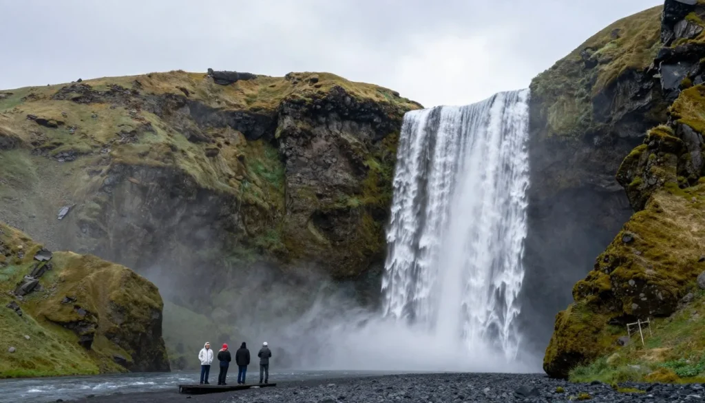 Spectacular waterfall in Icelandic countryside with tourists viewing from safe distance